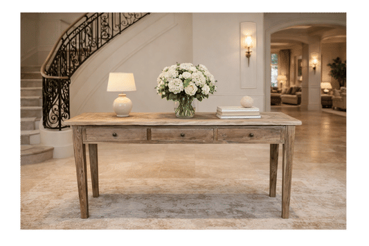 CASA RECYCLED ELM RUSTIC 3-DRAWER CONSOLE/HALL TABLE PARQUETRY TOP  180CM - MyChocolateWood