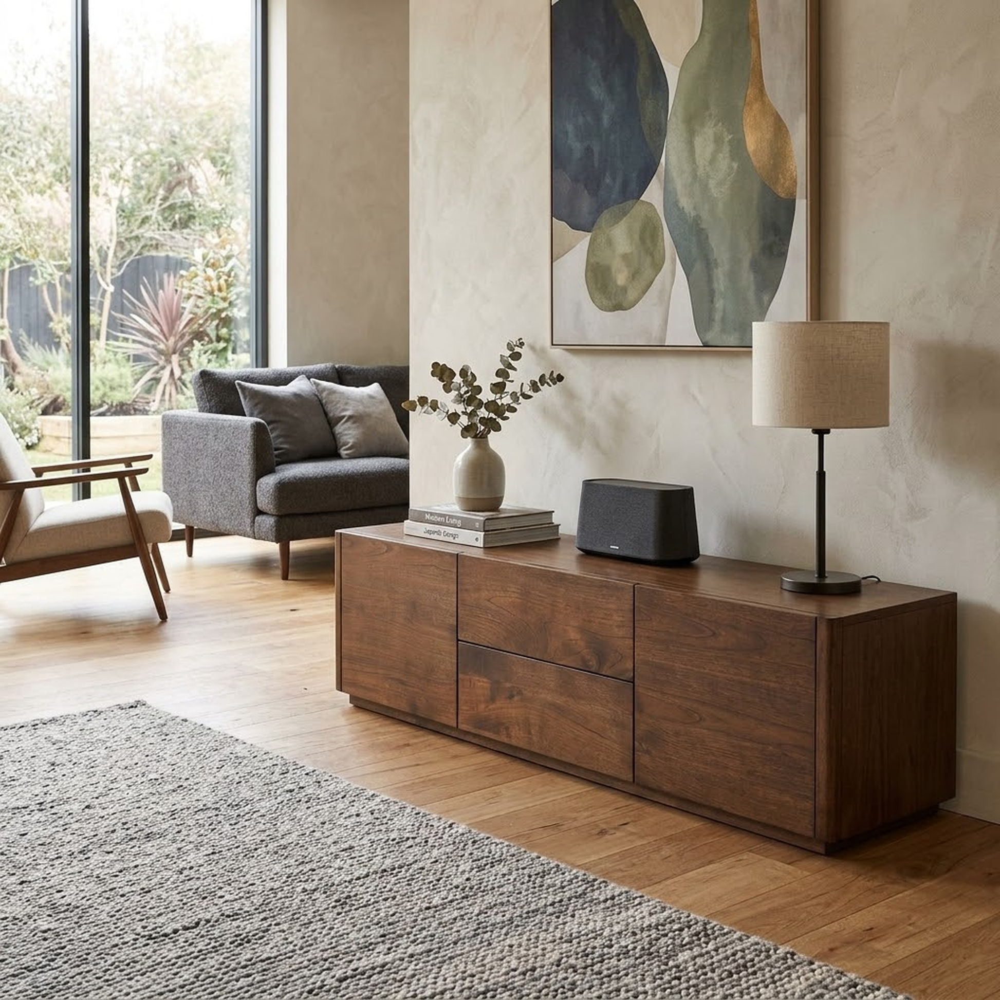 Gatsby Solid Mindi Timber 2-Door 2-Drawer TV Unit 190cm in Walnut, in a bright living room with a grey sofa and abstract artwork - Chocolate Wood