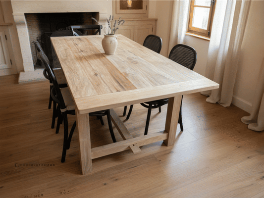 VALENCIA RECYCLED ELM DINING TABLE 184CM + 6  RECYCLED ELM BLACK BERMUDA DINING CHAIRS - MyChocolateWood