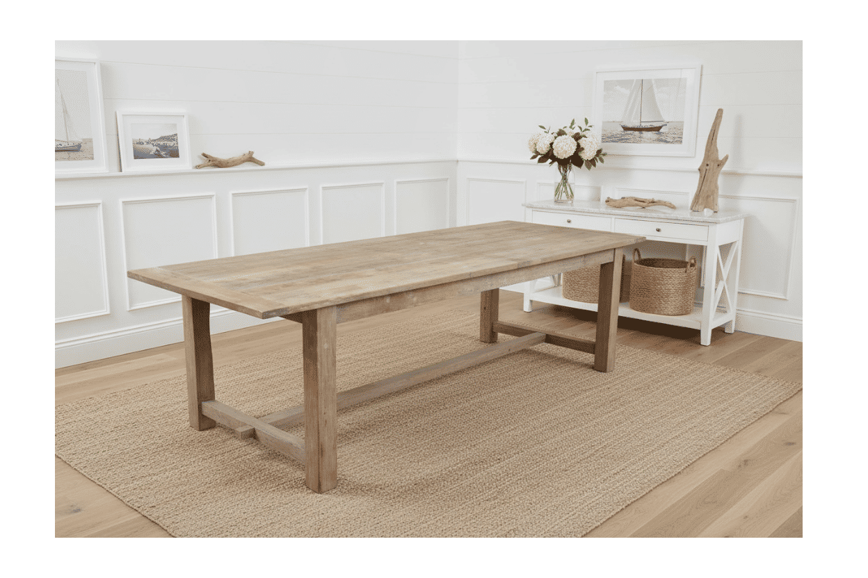 VALENCIA RECYCLED ELM DINING TABLE 184CM + 6  RECYCLED ELM BLACK BERMUDA DINING CHAIRS - MyChocolateWood