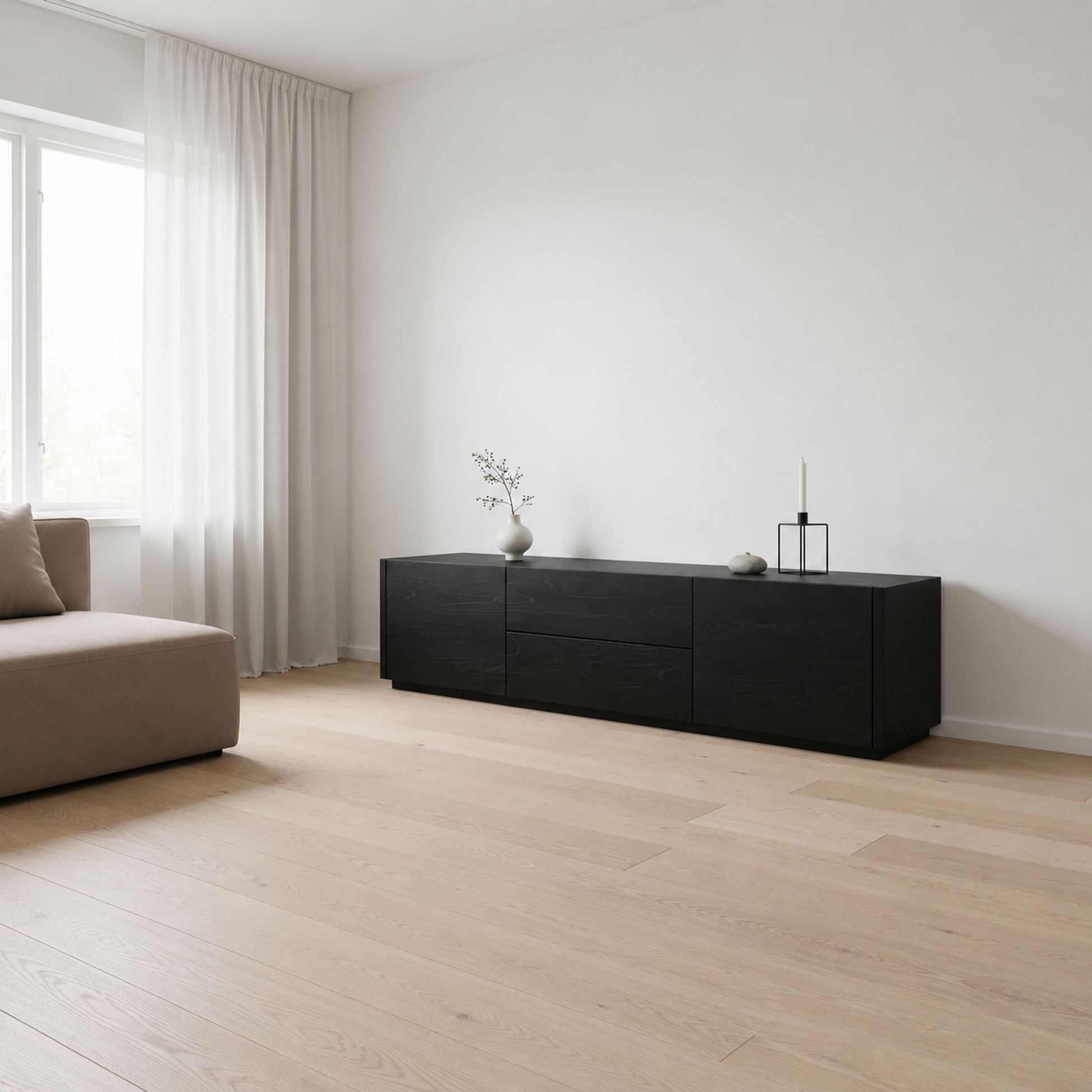 Gatsby Solid Mindi Timber 2-Door 2-Drawer TV Unit 190cm in Black, in a bright minimalist living room with oak floors - Chocolate Wood