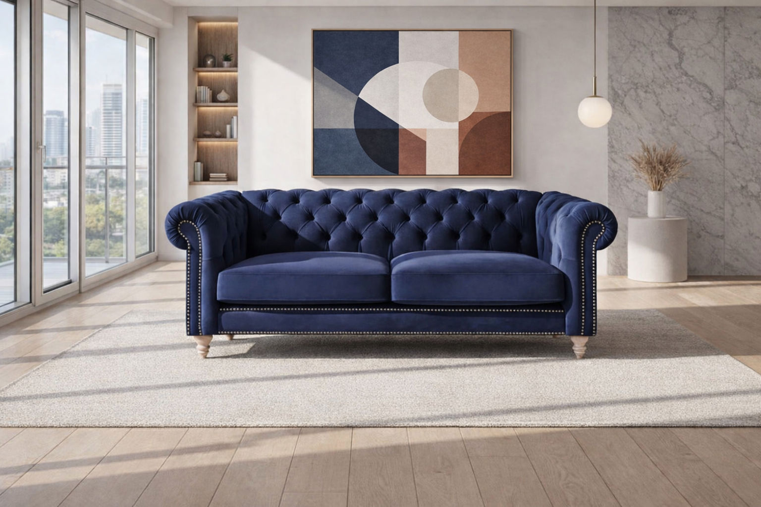 GOTCHA 3-SEATER CHESTERFIELD SOFA IN NAVY VELVET - MyChocolateWood