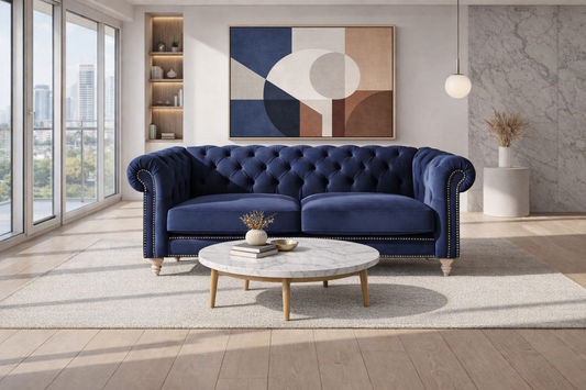 GOTCHA 3-SEATER CHESTERFIELD SOFA IN NAVY VELVET - MyChocolateWood
