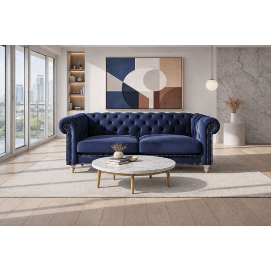 GOTCHA 3-SEATER CHESTERFIELD SOFA IN NAVY VELVET - MyChocolateWood