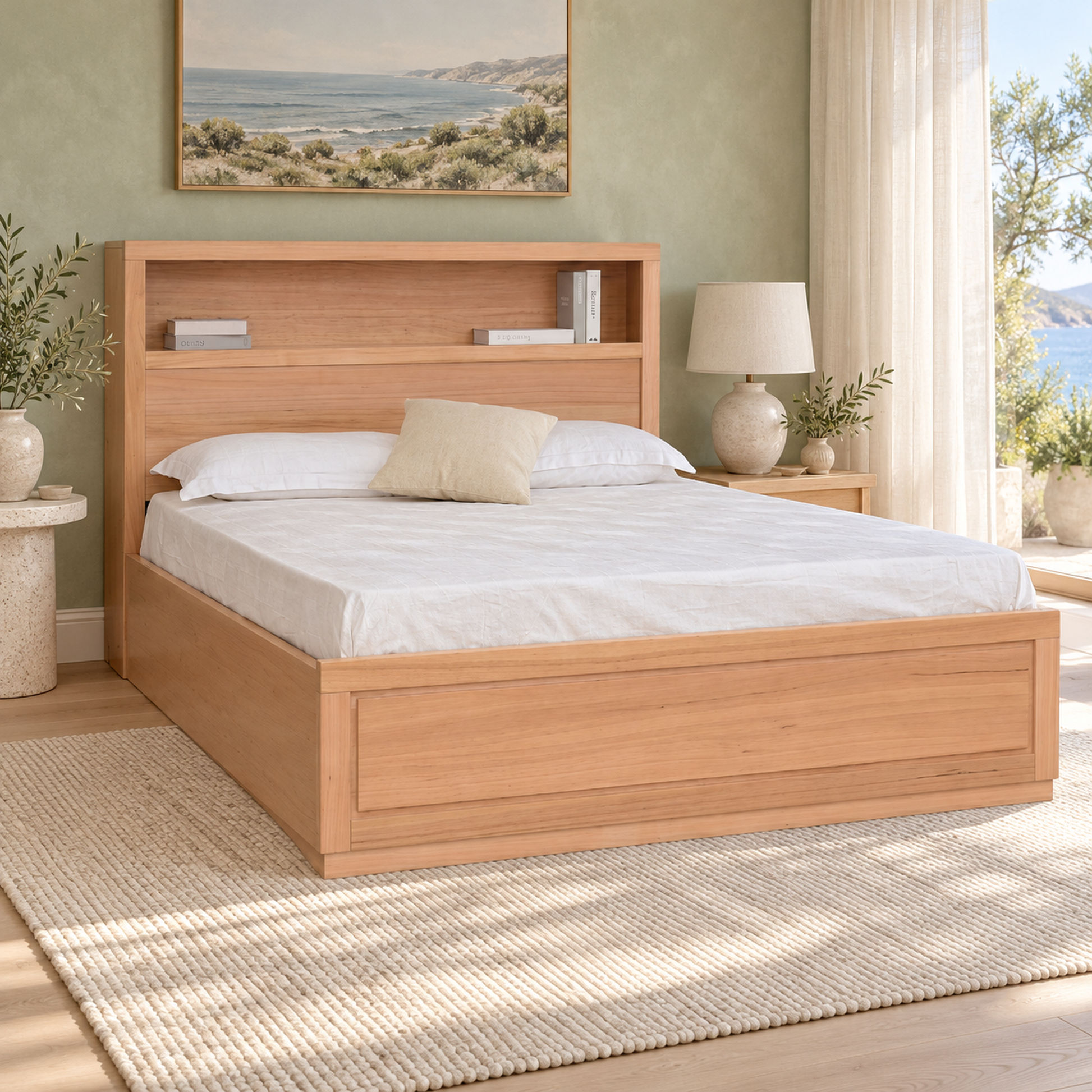 Zafran Messmate Timber Gas Lift Storage Bed with Bookcase Headboard - Chocolate Wood