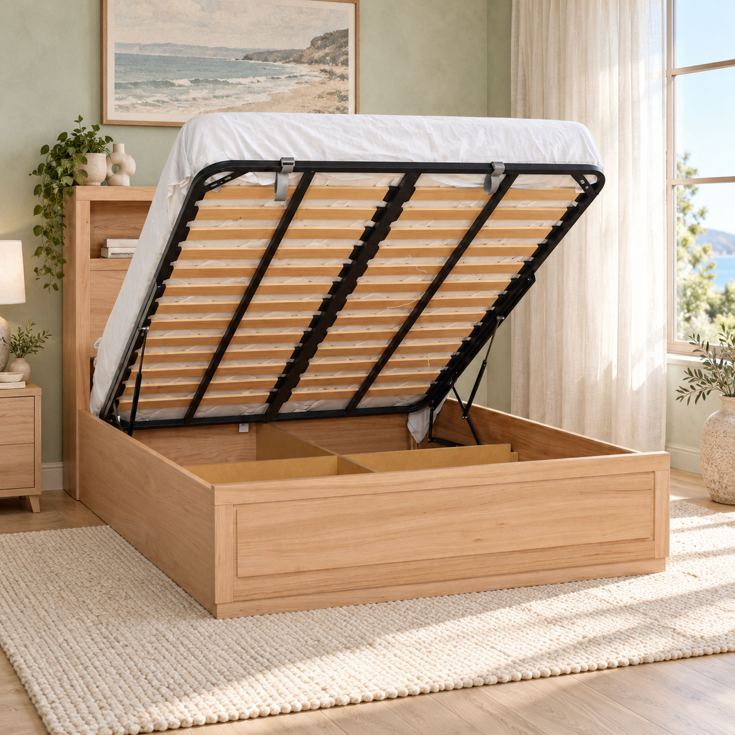 Zafran Messmate Timber Gas Lift Storage Bed with Bookcase Headboard - Chocolate Wood