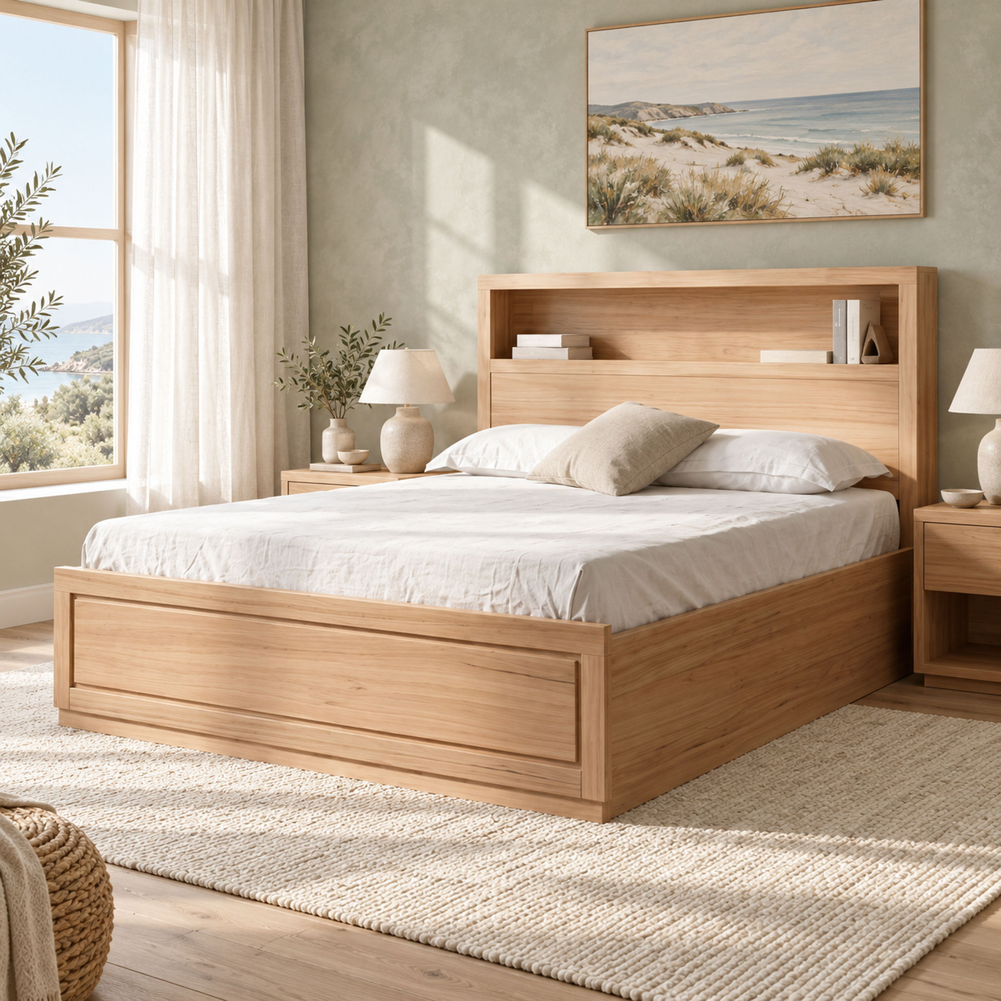Zafran Messmate Timber Gas Lift Storage Bed with Bookcase Headboard - Chocolate Wood