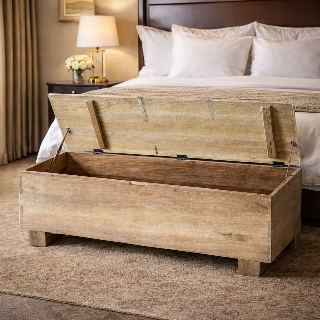 VILLA RUSTIC LOUVRE STYLE BENCH/STORAGE BOX 160CM IN RECYCLED ELM - MyChocolateWood