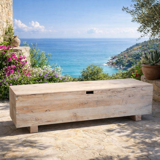VILLA RUSTIC LOUVRE STYLE BENCH/STORAGE BOX 160CM IN RECYCLED ELM - MyChocolateWood