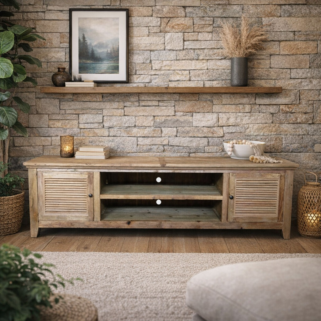 VILLA RUSTIC LOUVRE STYLE TV/ENTERTAINMENT UNIT 2 DOORS IN RECYCLED ELM 200CM - MyChocolateWood