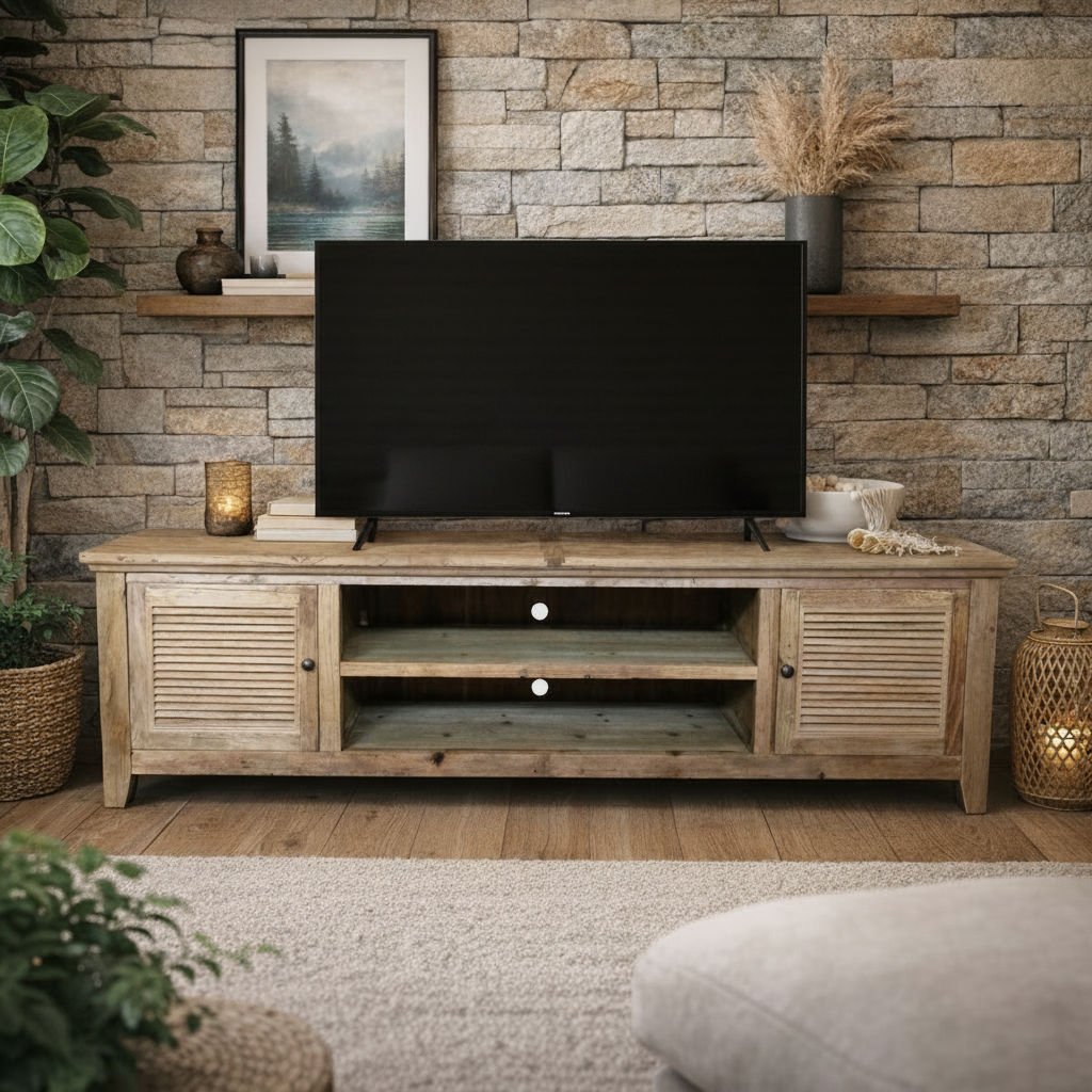 VILLA RUSTIC LOUVRE STYLE TV/ENTERTAINMENT UNIT 2 DOORS IN RECYCLED ELM 200CM - MyChocolateWood