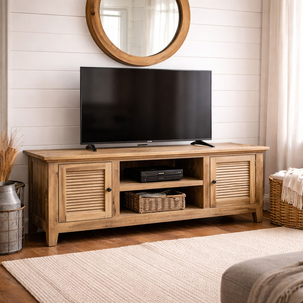 VILLA RUSTIC LOUVRE STYLE TV/ENTERTAINMENT UNIT 2 DOORS IN RECYCLED ELM 200CM - MyChocolateWood