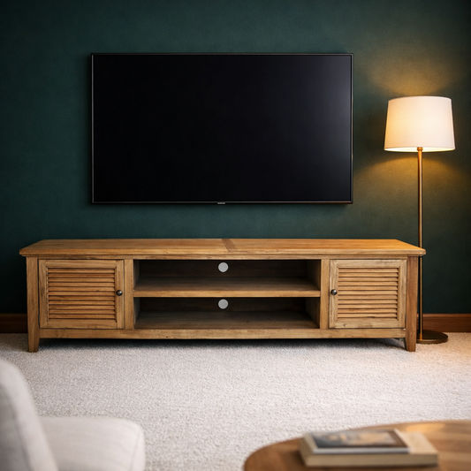 VILLA RUSTIC LOUVRE STYLE TV/ENTERTAINMENT UNIT 2 DOORS IN RECYCLED ELM 200CM - MyChocolateWood