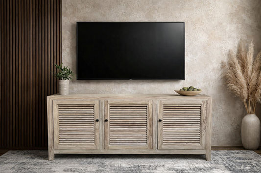 VILLA 3 DOORS TALL LOUVRE STYLE TV/ENTERTAINMENT UNIT IN RECYCLED ELM 160CM - MyChocolateWood