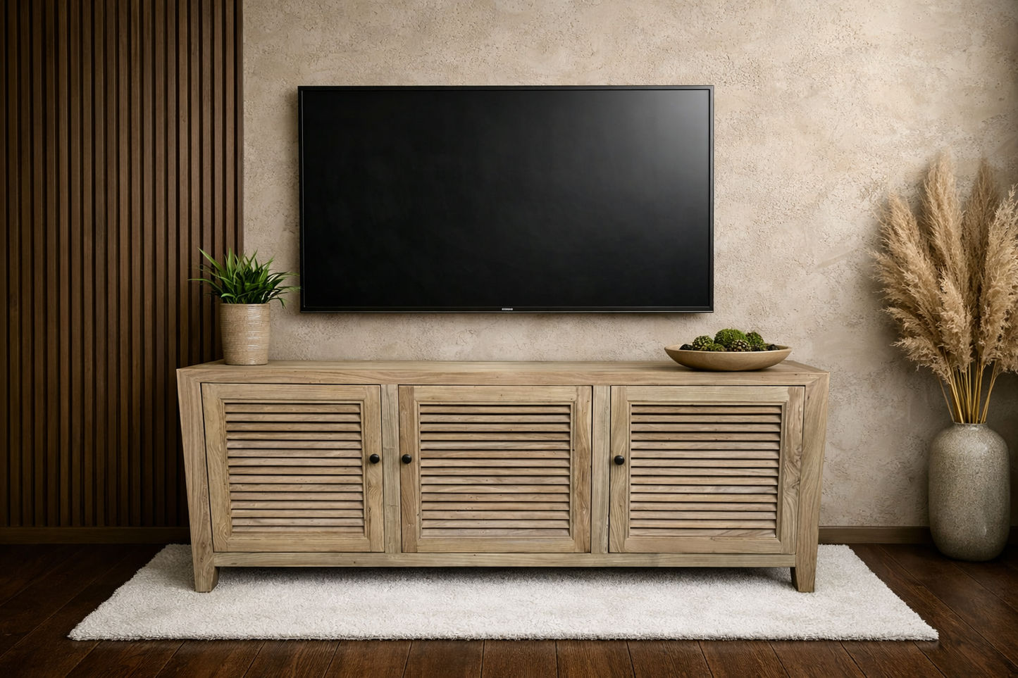 VILLA 3 DOORS TALL LOUVRE STYLE TV/ENTERTAINMENT UNIT IN RECYCLED ELM 160CM - MyChocolateWood