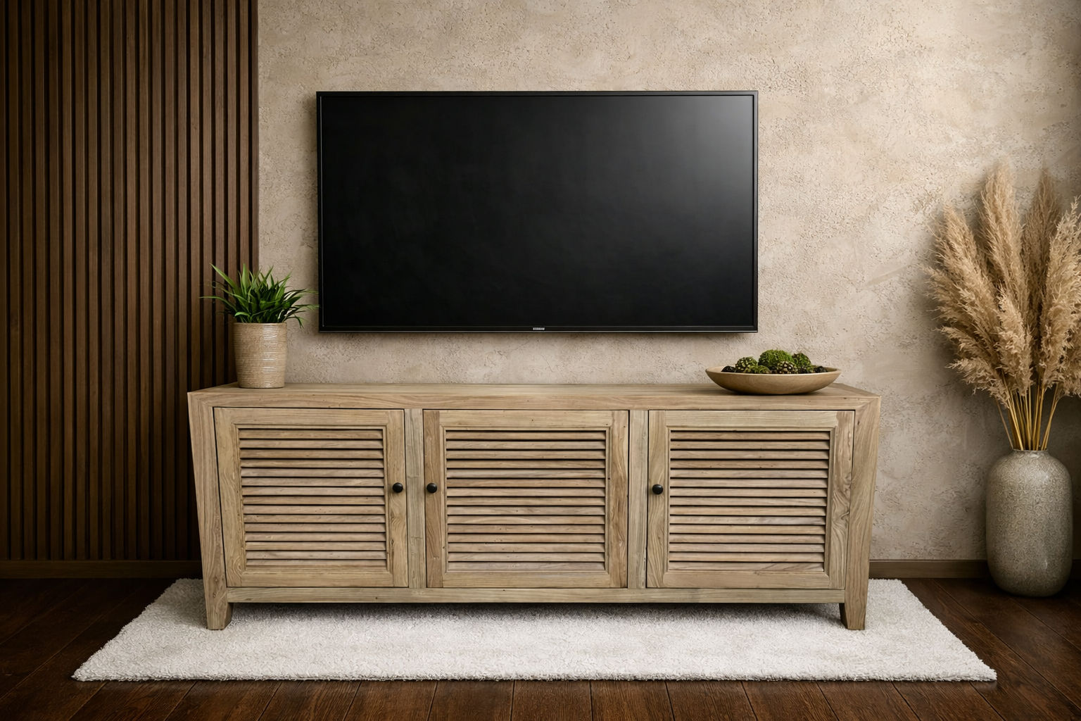 VILLA 3 DOORS TALL LOUVRE STYLE TV/ENTERTAINMENT UNIT IN RECYCLED ELM 160CM - MyChocolateWood