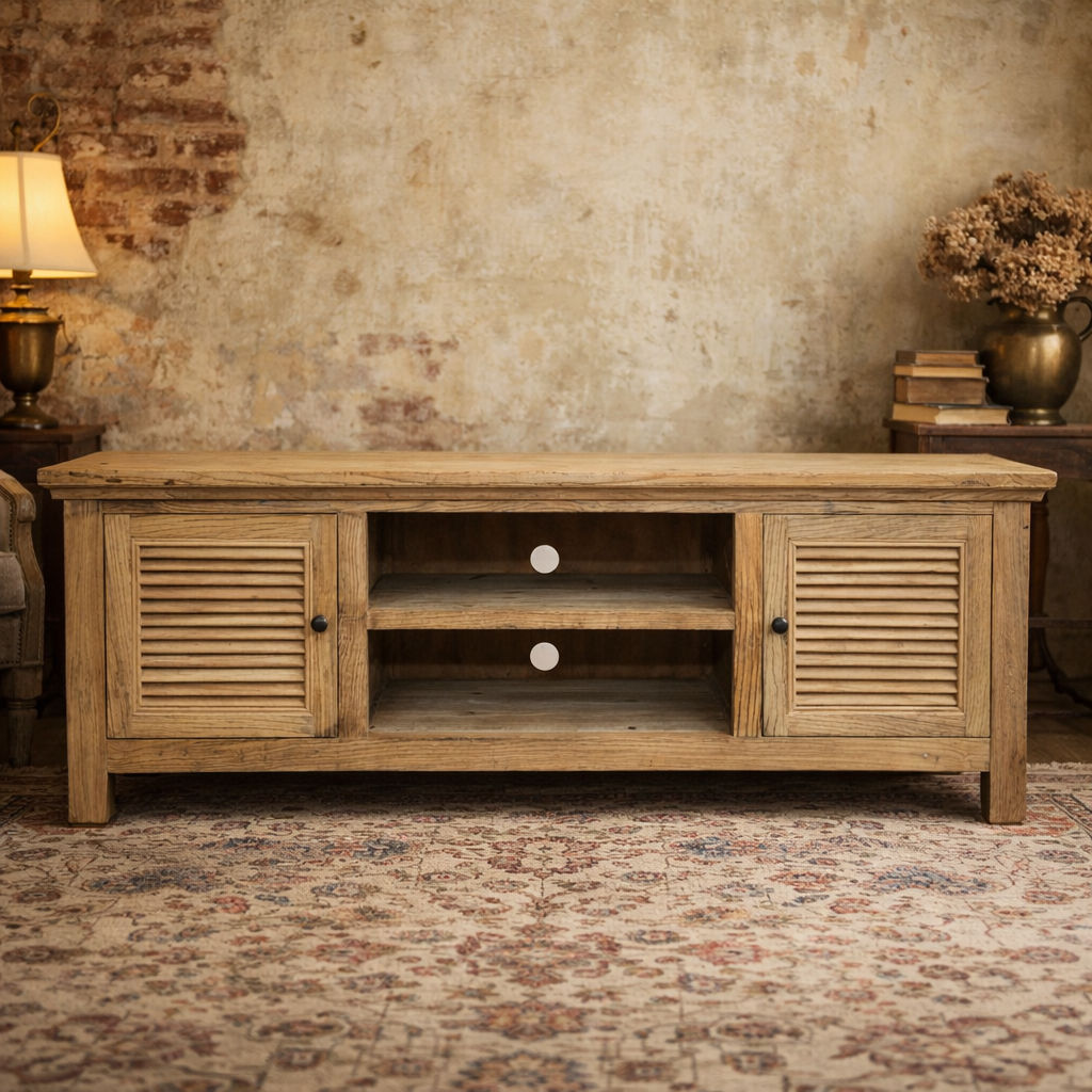 VILLA RUSTIC LOUVRE STYLE TV/ENTERTAINMENT UNIT 2 DOORS IN RECYCLED ELM 150CM - MyChocolateWood