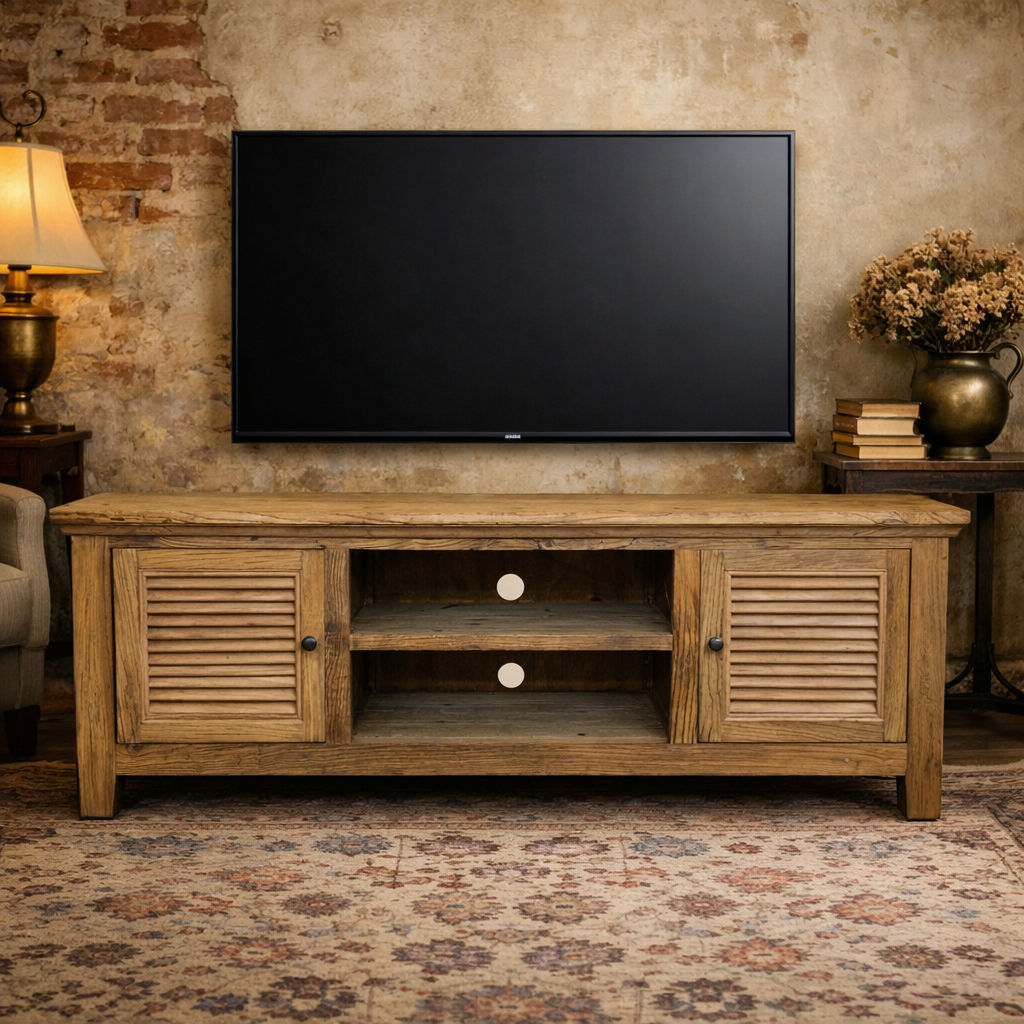 VILLA RUSTIC LOUVRE STYLE TV/ENTERTAINMENT UNIT 2 DOORS IN RECYCLED ELM 150CM - MyChocolateWood