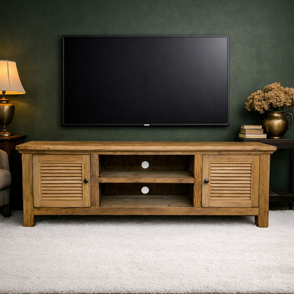 VILLA RUSTIC LOUVRE STYLE TV/ENTERTAINMENT UNIT 2 DOORS IN RECYCLED ELM 150CM - MyChocolateWood