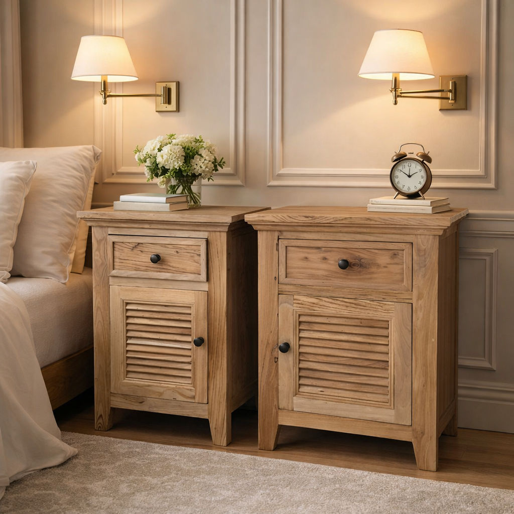 Two Villa rustic louvre style bedside tables with one drawer and one door in recycled elm by MyChocolateWood.