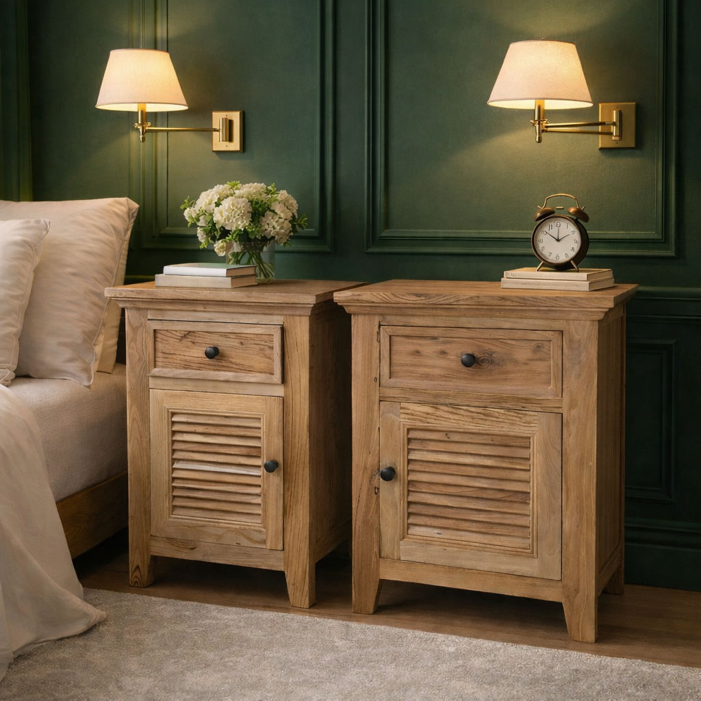 Pair of Villa Rustic louvre style bedside tables with one drawer and door in recycled elm by MyChocolateWood.