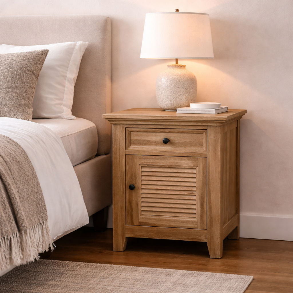 Two Villa rustic louvre style bedside tables with one drawer and one door in recycled elm, featuring a natural wood finish.