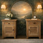 Two rustic Villa Louvre style bedside tables with one drawer and one door, made from recycled elm wood by MyChocolateWood.
