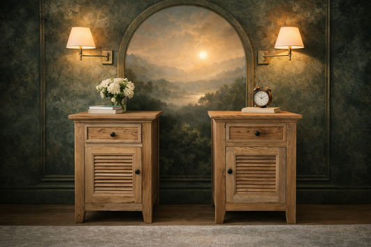 Two rustic Villa Louvre style bedside tables with one drawer and one door, made from recycled elm wood by MyChocolateWood.