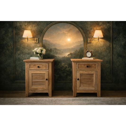 Two rustic Villa Louvre style bedside tables with one drawer and one door, made from recycled elm wood by MyChocolateWood.