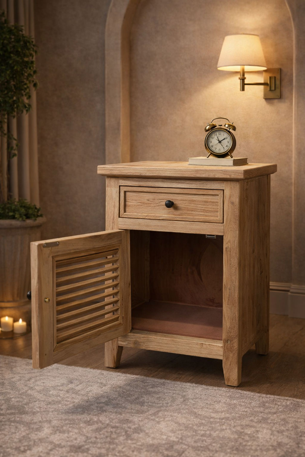 Pair of Villa rustic louvre style bedside tables by MyChocolateWood with one drawer and one door in recycled elm wood.