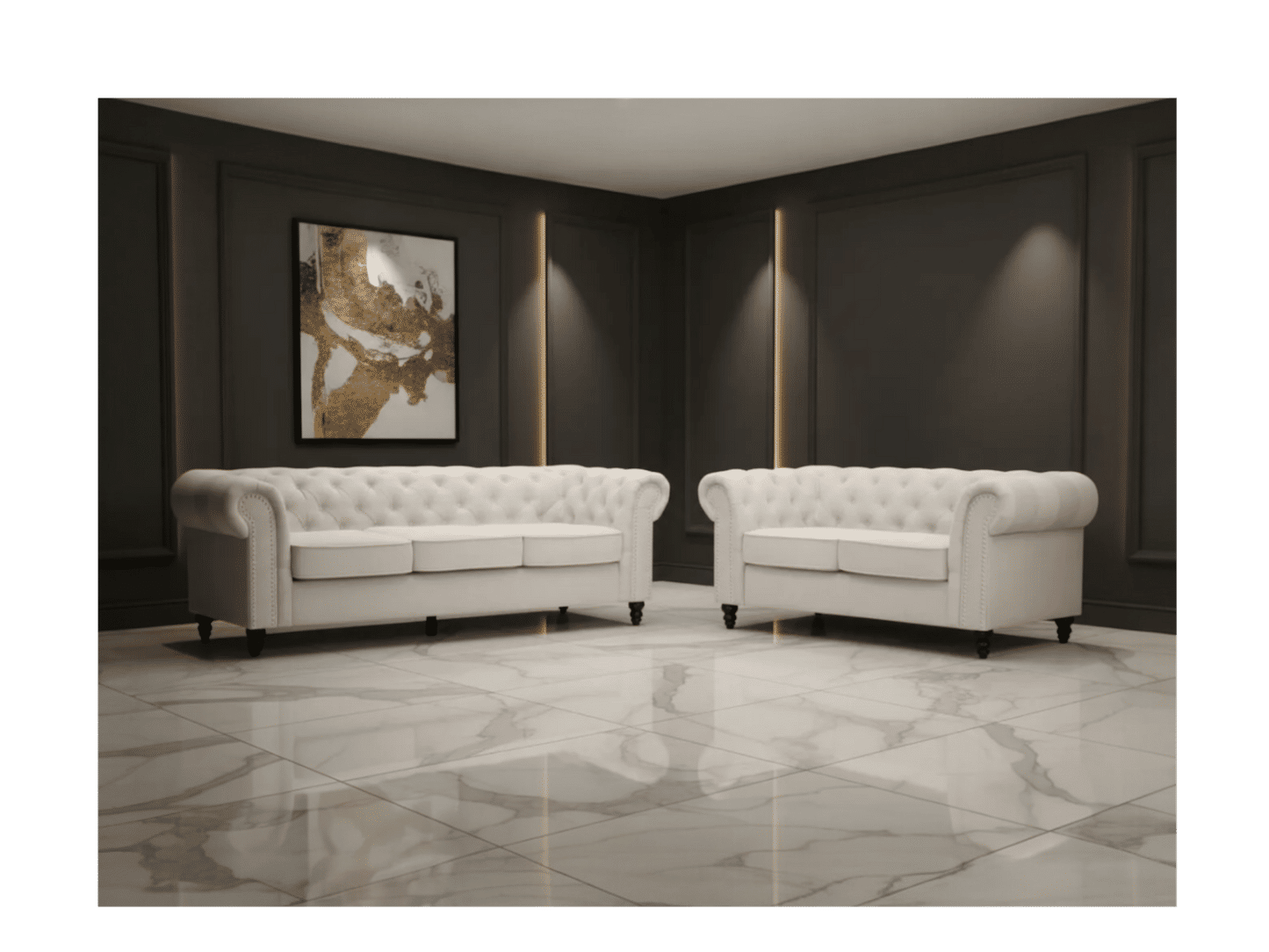 WOODLEY LOUNGE CHESTERFIELD 3-SEATER SOFA + 2-SEATER SOFA COUCH SETTEE IN BEIGE FABRIC - MyChocolateWood