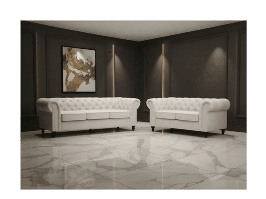 WOODLEY LOUNGE CHESTERFIELD 3-SEATER SOFA + 2-SEATER SOFA COUCH SETTEE IN BEIGE FABRIC - MyChocolateWood