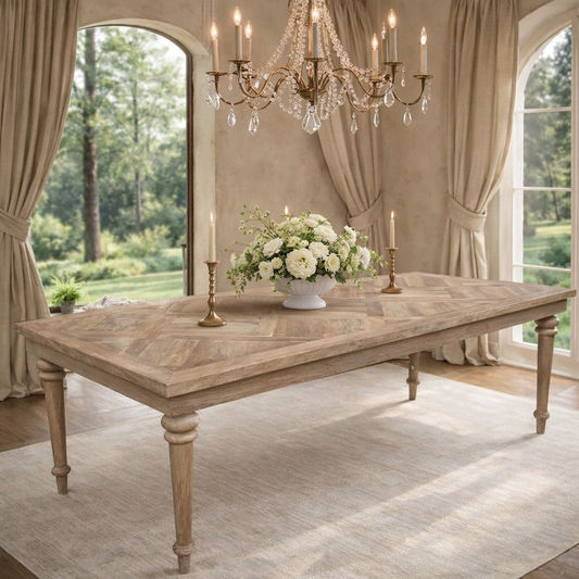 MORO RECYCLED ELM RUSTIC DINING TABLE PARQUETRY TOP - 2 SIZES - MyChocolateWood