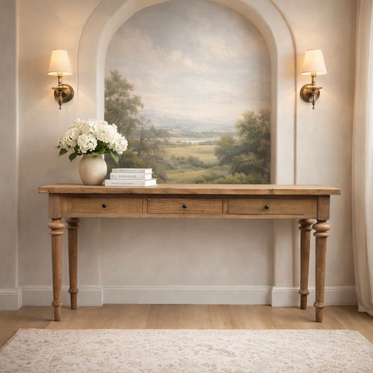 MORO RECYCLED ELM RUSTIC CONSOLE/HALL TABLE 3 DRAWERS PARQUETRY TOP 180CM - MyChocolateWood