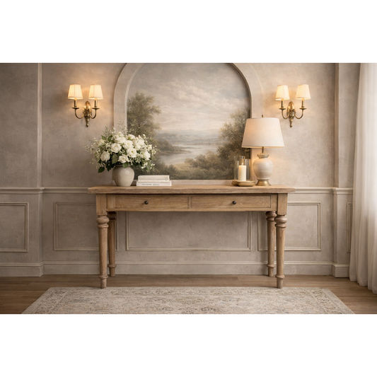 MORO RECYCLED ELM RUSTIC CONSOLE/HALL TABLE 2 DRAWERS PARQUETRY TOP 140CM - MyChocolateWood