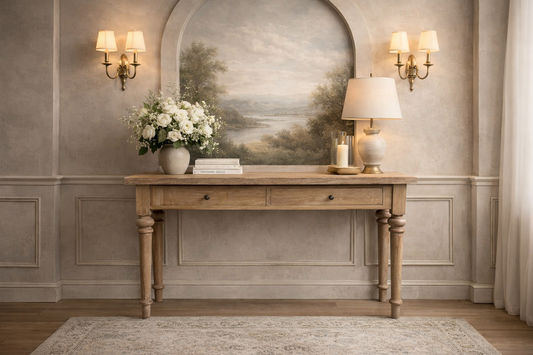 MORO RECYCLED ELM RUSTIC CONSOLE/HALL TABLE 2 DRAWERS PARQUETRY TOP 140CM - MyChocolateWood