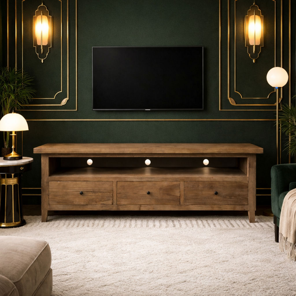MORO RUSTIC RECYCLED ELM TV UNIT ETU 3 DRAWERS PARQUETRY TOP 180CM - MyChocolateWood