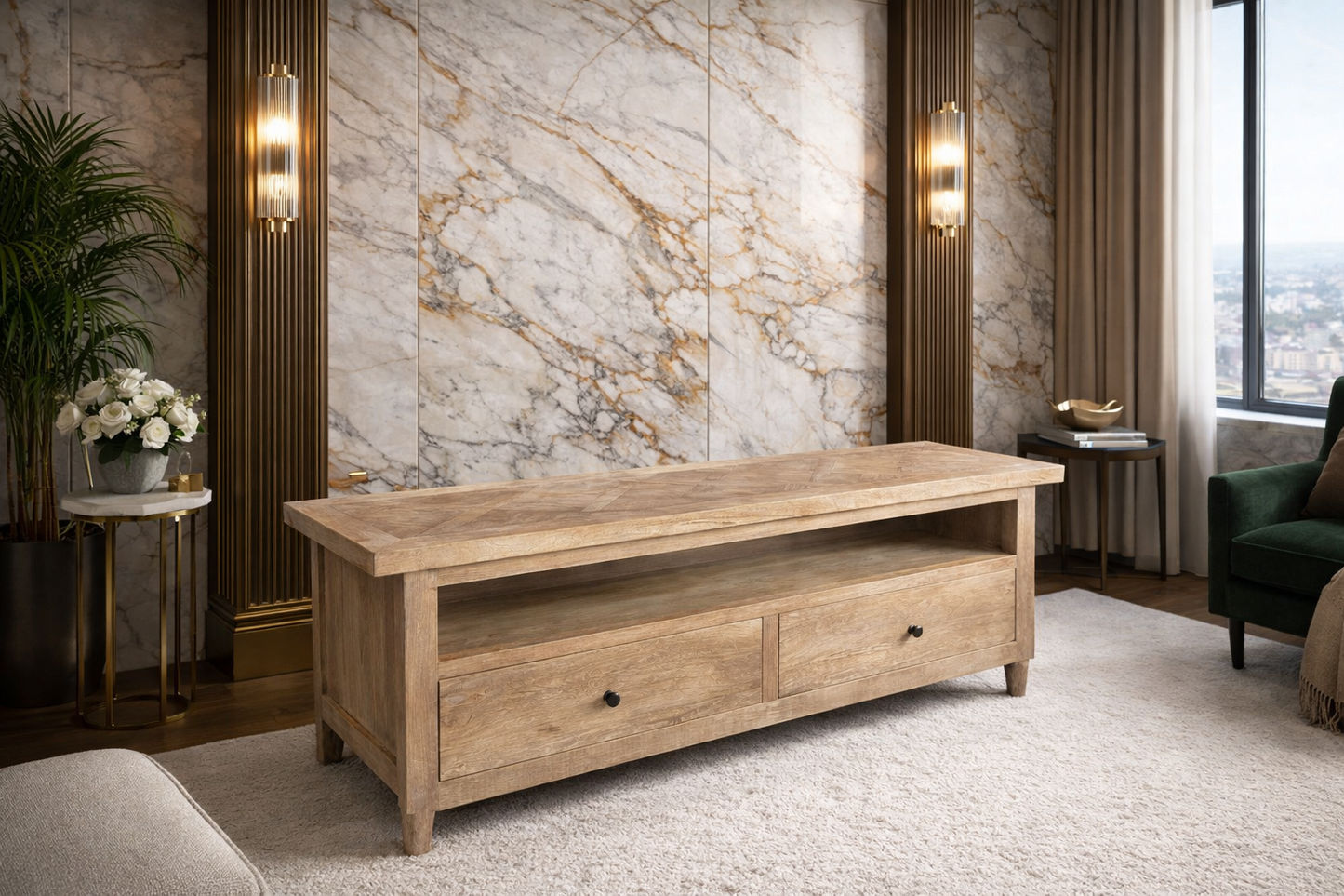 MORO RUSTIC RECYCLED ELM TV UNIT ETU 2 DRAWERS PARQUETRY TOP 140CM - MyChocolateWood
