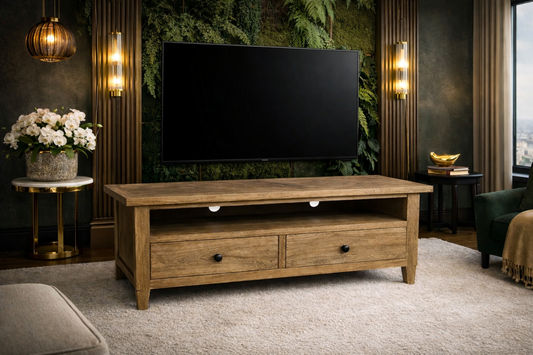 MORO RUSTIC RECYCLED ELM TV UNIT ETU 2 DRAWERS PARQUETRY TOP 140CM - MyChocolateWood