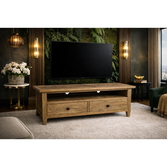 MORO RUSTIC RECYCLED ELM TV UNIT ETU 2 DRAWERS PARQUETRY TOP 140CM - MyChocolateWood