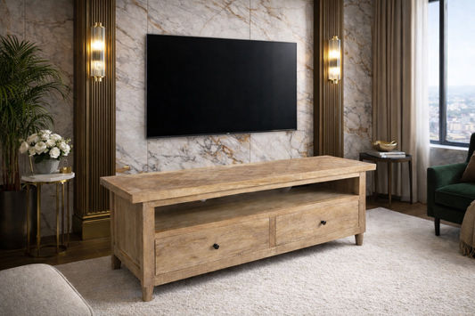 MORO RUSTIC RECYCLED ELM TV UNIT ETU 2 DRAWERS PARQUETRY TOP 140CM - MyChocolateWood