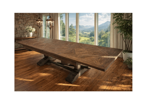 HARLOW PARQUET RECLAIMED ELM DOUBLE EXTENSION DINING TABLE WITH PEDESTAL BASE 210/260/310CM NATURAL ELM - MyChocolateWood