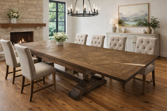 HARLOW PARQUET RECLAIMED ELM DOUBLE EXTENSION DINING TABLE WITH PEDESTAL BASE 210/260/310CM NATURAL ELM - MyChocolateWood