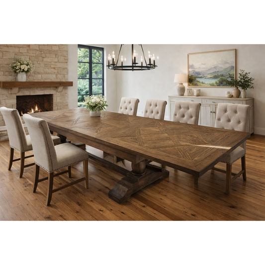 HARLOW PARQUET RECLAIMED ELM DOUBLE EXTENSION DINING TABLE WITH PEDESTAL BASE 210/260/310CM NATURAL ELM - MyChocolateWood