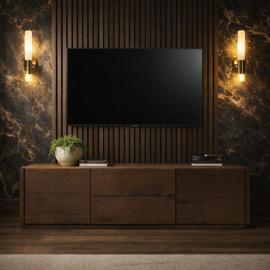Gatsby Solid Mindi Timber 2-Door 2-Drawer TV Unit 190cm in Walnut - Chocolate Wood