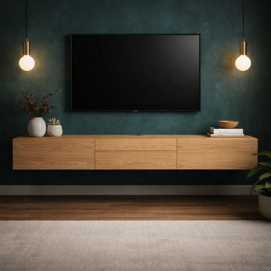 CLAUDE FEATURED TASSIE OAK TV/ENTERTAINMENT UNIT 2 DRAWERS & CENTER DROP DOWN - FLOOR STOCK CLEARANCE - MyChocolateWood