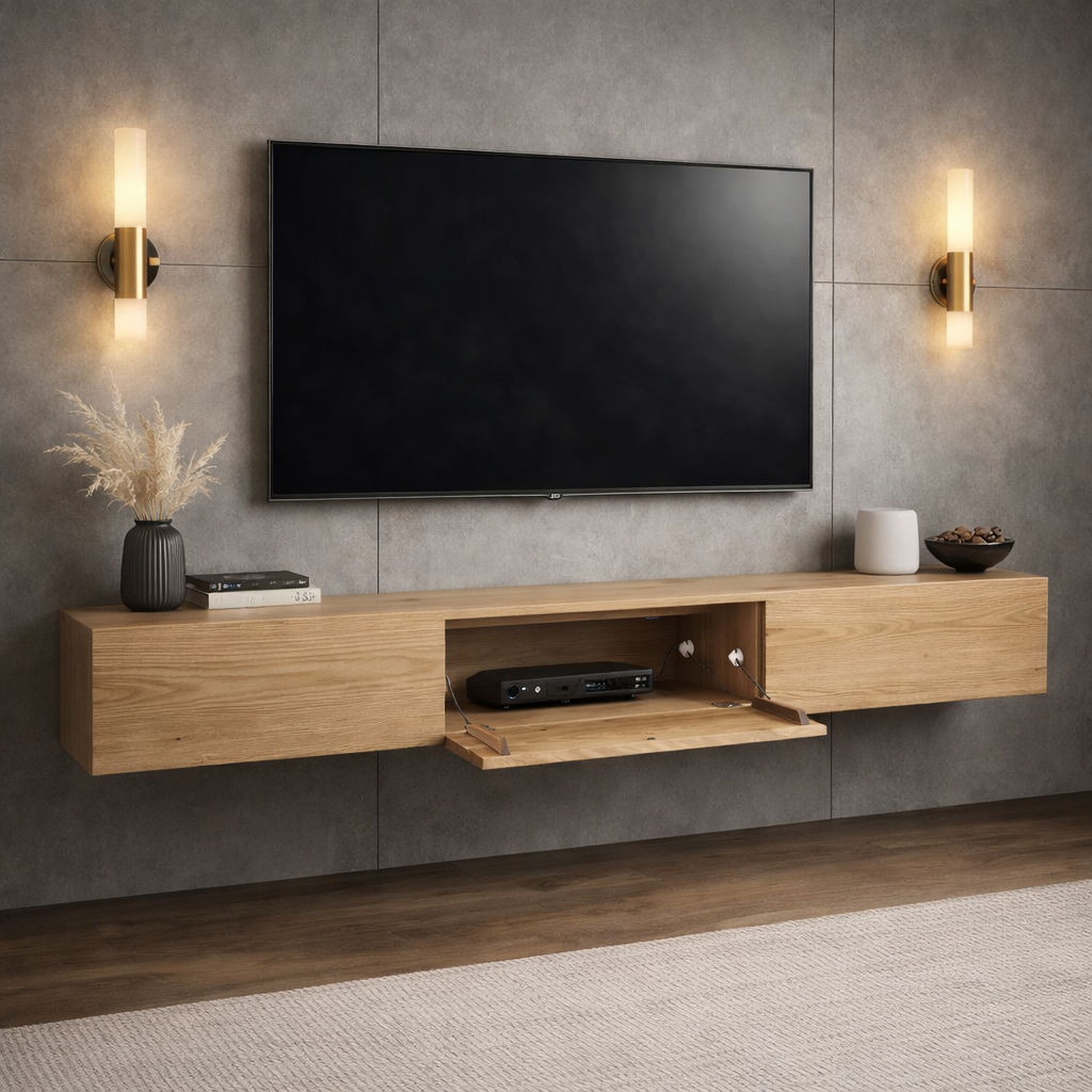 CLAUDE FEATURED TASSIE OAK TV/ENTERTAINMENT UNIT 2 DRAWERS & CENTER DROP DOWN - FLOOR STOCK CLEARANCE - MyChocolateWood