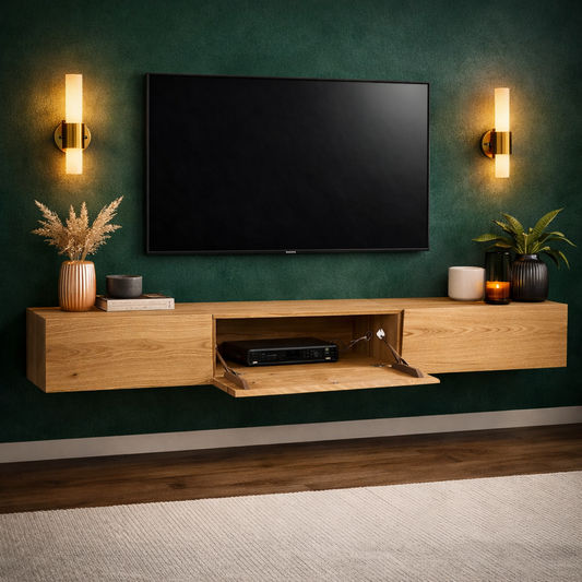 CLAUDE FEATURED TASSIE OAK TV/ENTERTAINMENT UNIT 2 DRAWERS & CENTER DROP DOWN - FLOOR STOCK CLEARANCE - MyChocolateWood