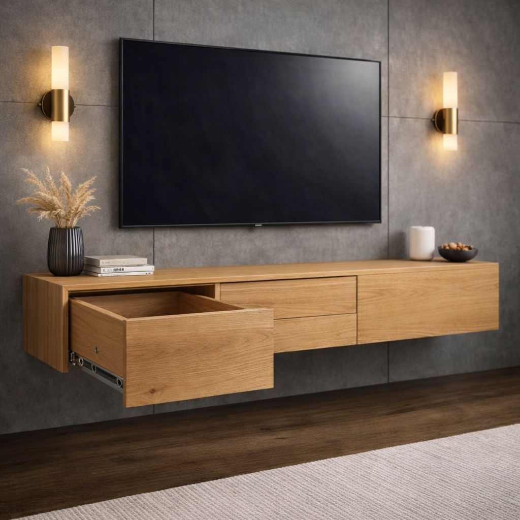 CLAUDE FEATURED TASSIE OAK TV/ENTERTAINMENT UNIT 2 DRAWERS & CENTER DROP DOWN - FLOOR STOCK CLEARANCE - MyChocolateWood