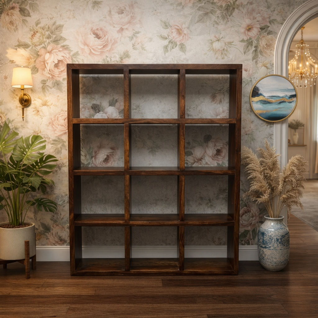 Solid Benato Indian Rosewood 12-cube display unit by MyChocolateWood, showcasing a sleek wooden storage and display furniture piece.